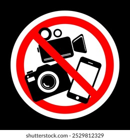 No photography video prohibited forbidden area sign,  No photo no video recording set silhouette icon, camera icon, No recording or taking pictures sign, Prohibiting the use of cameras or phones. 