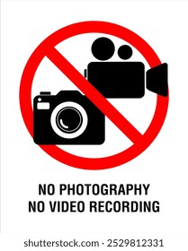 No photography video prohibited forbidden area sign,  No photo no video recording set silhouette icon, camera icon, No recording or taking pictures sign, Prohibiting the use of cameras or phones. 