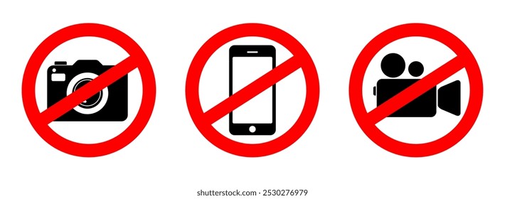 No hay Fotografía Video Video prohibida área de letrero, No hay foto no hay conjunto de grabación silueta icono, icono de la cámara, No grabar o tomar fotos signo, Prohibición del uso de cámaras o teléfonos. 