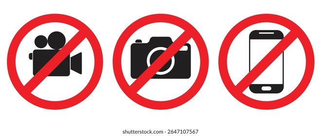 Sem fotografia vídeo proibido sinal de área proibida, Nenhuma foto sem gravação de vídeo set silhueta ícone, ícone da câmera, Sem gravação ou tirar fotos sinal, Proibindo o uso de câmeras ou telefones