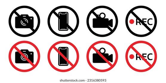 No photography and No video recording icon vector set in black and red color. photograph and rec not allowed.