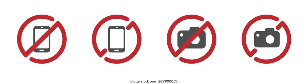 No photos allowed signs. No camera or phone photography vector icon