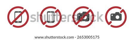 No photos allowed signs. No camera or phone photography vector icon