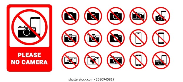 No Photos, No camera vector design, Isolated Red No Photography allowed icon symbol collection on white background for Decoration, Web banner, Business, Prohibited illustration.