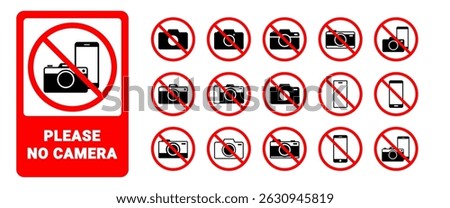 No Photos, No camera vector design, Isolated Red No Photography allowed icon symbol collection on white background for Decoration, Web banner, Business, Prohibited illustration.