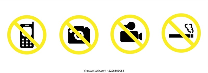 No photos, non smoking area, no video and no phones forbidden sign, icon, symbol, vector, vector illustration	