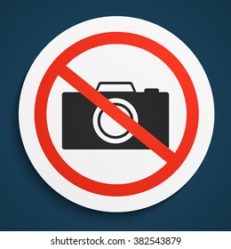 No Photos Prohibition Sign on White Round Plate. No Photo Camera forbidden symbol.  No Photos Vector Illustration on blue