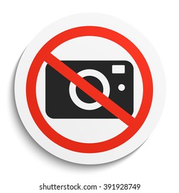 No Photos Prohibition Sign On White Round Plate. No Photo Camera Forbidden Symbol.  No Photos Vector Illustration On White Background