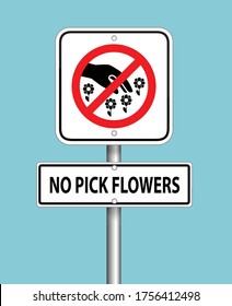 No pick flower sign on pole on blue background, caution, vector illustration design