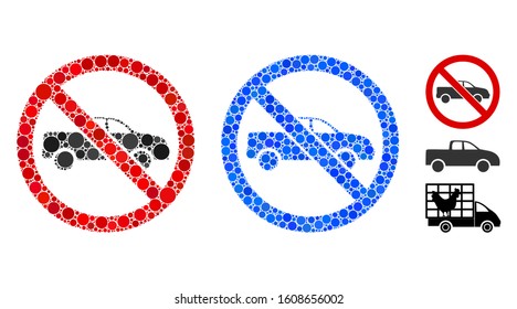 No pickup mosaic of filled circles in different sizes and color tints, based on no pickup icon. Vector filled circles are composed into blue mosaic. Dotted no pickup icon in usual and blue versions.
