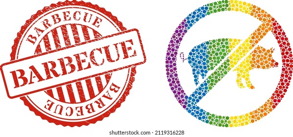 No pig composition icon of circle spots in variable sizes and spectrum color tints. Red round textured stamp with Barbecue text. A dotted LGBT- colored no pig for lesbians, gays, bisexuals,