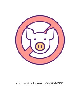 No pig RGB color icon. Food restriction, avoid pork meat. Prevent animal cruelty. Vegan meal. Protection from swine flu. Danger of H1N1. Safety from inluenza. Isolated vector illustration