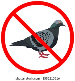 No pigeon sign. The dove is crossed out in red circle isolated on white background. The prohibition of gray pigeons. Vector stock illustration.