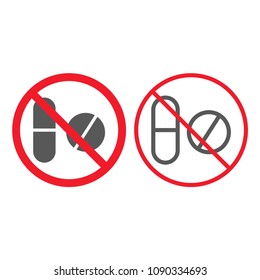 No pills line and glyph icon, prohibition and forbidden, no drugs sign vector graphics, a linear pattern on a white background, eps 10.