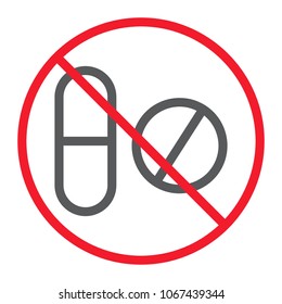 No Pills Line Icon, Prohibition And Forbidden, No Drugs Sign Vector Graphics, A Linear Pattern On A White Background, Eps 10.