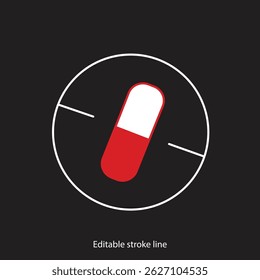 No pills symbol or icon. Vector stock illustration isolated on black background for design template medical, pharmacy, hospital, healthy bio shop concept web and print material. Editable stroke line. 