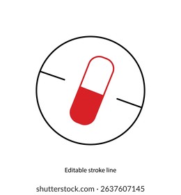 No pills symbol or icon. Vector stock illustration isolated on white background for design template medical, pharmacy, hospital, healthy bio shop concept web and print material. Editable stroke line. 