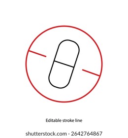 No pills symbol or icon. Vector stock illustration isolated on white background for design template medical, pharmacy, hospital, healthy bio shop concept web and print material. Editable stroke line. 