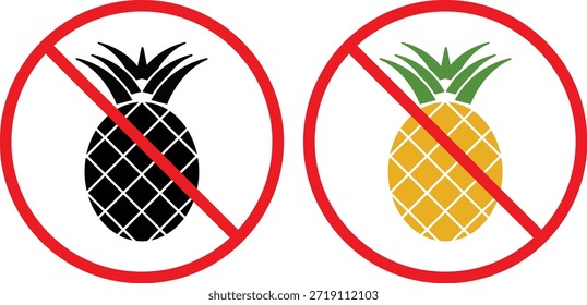 kein Ananassymbol. Verbotszeichen für tropische Früchte. Kein Grafikdesign für Ananas. Allergiebeschränkung und Lebensmittelsicherheitszeichen
