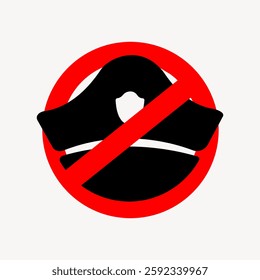 No piracy symbol with a red circle and slash over a pirate hat. Anti-piracy message. Pirate hat crossed out. No piracy allowed sign. User interface icon vector.