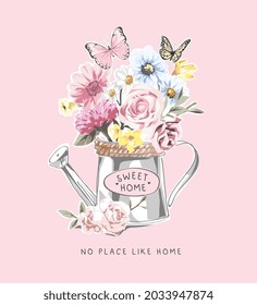 no place like home slogan with colorful flowers in tin pot vector illustration