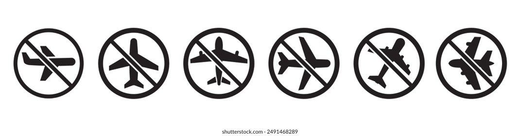 No hay conjunto de señal de avión, con un icono de prohibición clara y etiqueta de seguridad, icono de línea sobre fondo blanco