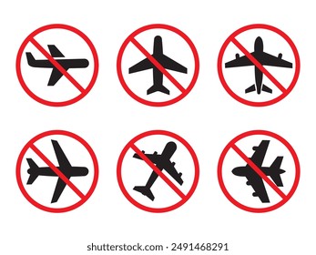 No Plane Sign set, featuring a clear prohibition icon and safety label, Line Icon on White Background