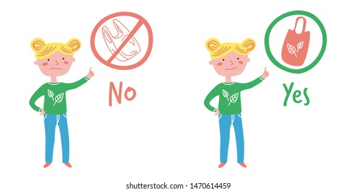 Сoncept no plastic bag. Bring your own textile bag. Girl points to сellophane and polythene package ban sign. Vector illustration in cartoon style.