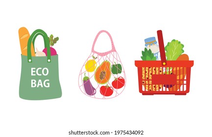 No plastic bag campaign. Zero waste reusable eco bag contain groceries. Flat vector design isolated