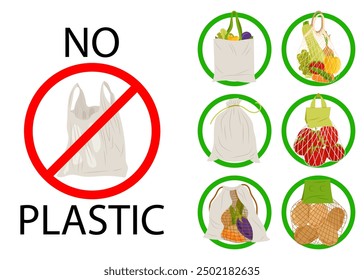 No plastic. Plastic bag crossed out in a red circle. Environmental protection. Ecology. Alternate plastic bag. Textile shopping bags. Illustration in flat style.