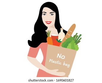 No plastic bag design concept beautiful woman holding shopping bag isolated vector illustration