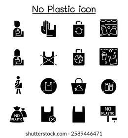 No plastic bag icon set in glyph style