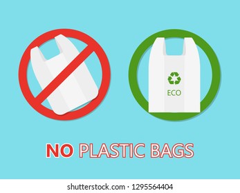 No Plastic Bag Only Eco Bag Pollution problem concept. Cellophane and polythene package prohibition sign for stores and shops. Vector illustration isolated