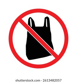 No plastic bag prohibited red ban symbol icon vector illustration. Plastic bags polythene banned symbol silhouette in ban circle.
