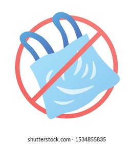 No plastic bag sign design isolated cartoon flat vector icon, environment trash garbage pollution, disposable rubbish waste recycling ecology issue.
