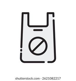 No hay Vector de bolsa de plástico para la campaña ecológica y el movimiento cero residuos: ícono de bolsa reutilizable, ilustración de prohibición de plástico, concepto de vida verde. Icono de línea llena