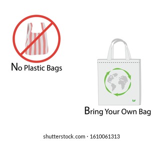 No plastic bags, Bring your own bag.Pollution and environment problem concept.Icon/logo Vector illustration,Isolated on white background.