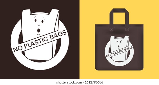 No plastic bags concept. Forbidden sign. Applicable as label, tag, poster, banner. Eco reusable bag print. Eco consumption. Vector illustration