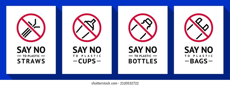 No plastic bags, cups, straws and bottles forbidden poster set, modern prohibited stickers