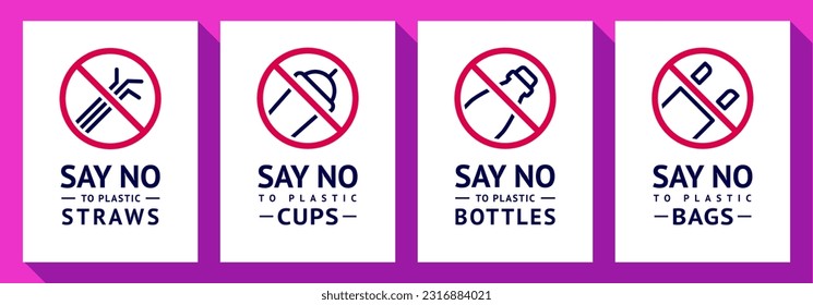 No plastic bags, cups, straws and bottles forbidden poster set, modern prohibited stickers