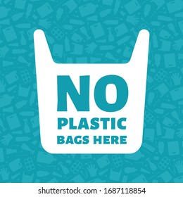 No plastic bags here concept vector illustration. Single use plastic bag with sign on trash background Prevent ocean pollution ecology concept, store sign label template