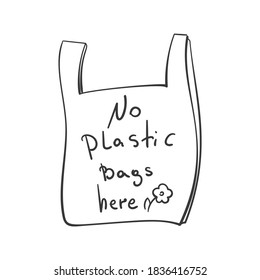 No plastic bags here handwritten text on plastic bag doodle. Cellophane and polythene package ban sign for shops. Hand drawn vector lettering isolated ecological problem slogan concept on white
