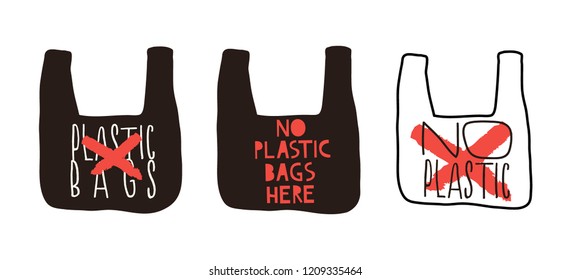 "No plastic bags" slogan design collection. Vector illustration. Eco style.