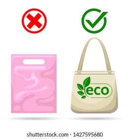 No plastic bags. Vector eco friendly textile recycling bag vs disposable plastic polythene polluting shoppingbag