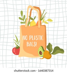 No plastic bags. Yellow eco bag with fruits and vegetables on a white background. Zero waste illustration