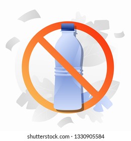 No plastic bottle sign. Modern vector styled image with plastic bottle in red stop circle. Plastic pollution problem concept.