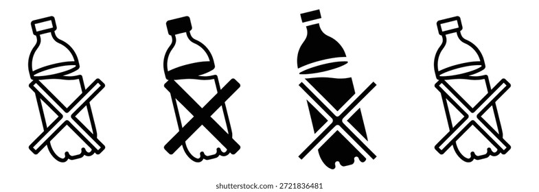 No se permiten botellas de plástico iconos establecidos, signo prohibido con icono de botella de agua, no se permite la bebida signo, símbolo de prohibición de agua mineral, no beber signo