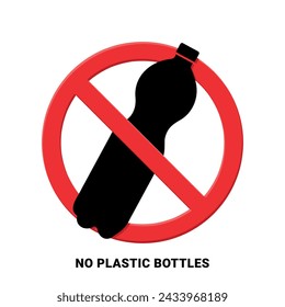 no plastic bottles red prohibition sign, say no to plastic pollution, save environment, zero waste concept, vector illustration