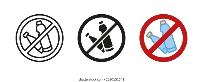 No plastic bottles sign icon. Ban on disposable waste vector illustration. Environmental pollution prevention symbol. Stop using single-use plastics pictogram. Eco-friendly awareness concept.