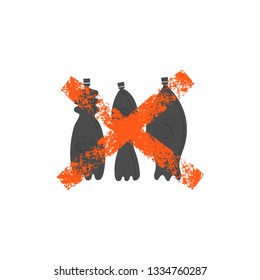 No plastic bottles vector illustration. Non recyclable products. Zero waste. Stop red sign. Forbidden, banned. Pollution. Environment protection, ecology. Junk, trash. Grunge cross symbol